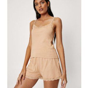 nasty gal ribbed cami & short pajama set w/lace trim
